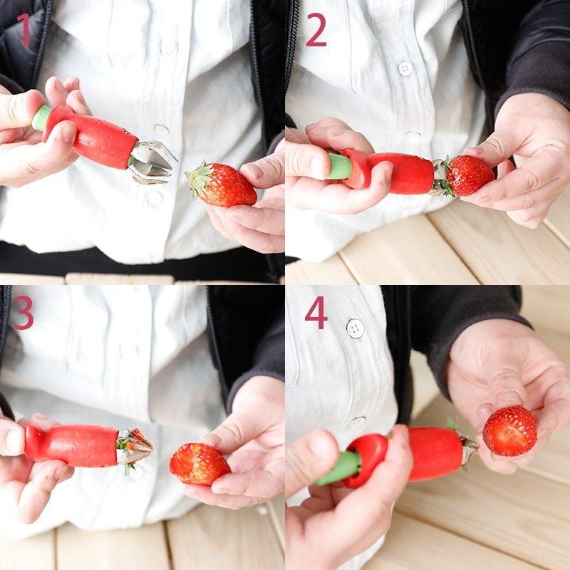 Strawberry Huller Creative Fruit Leaf Remover Kitchen Gadget $10.03 Dana Fashion default: default Dana's Kitchen Overview: 1. Press the button and extend the claw in front of hull strawberries and core other soft fruits and vegetables. 2. Get kids involve