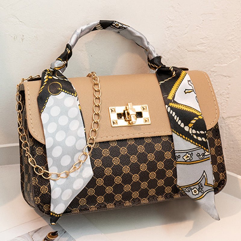 Street Trendy One-shoulder Fashion Printed Silk Scarf Diagonal Bag $19.99 Dana Fashion Color: Khaki Women's Bags Product information: Lining texture: without lining Color: white, khaki, black, pink Outer bag type: Three-dimensional pocket Hardness: medium