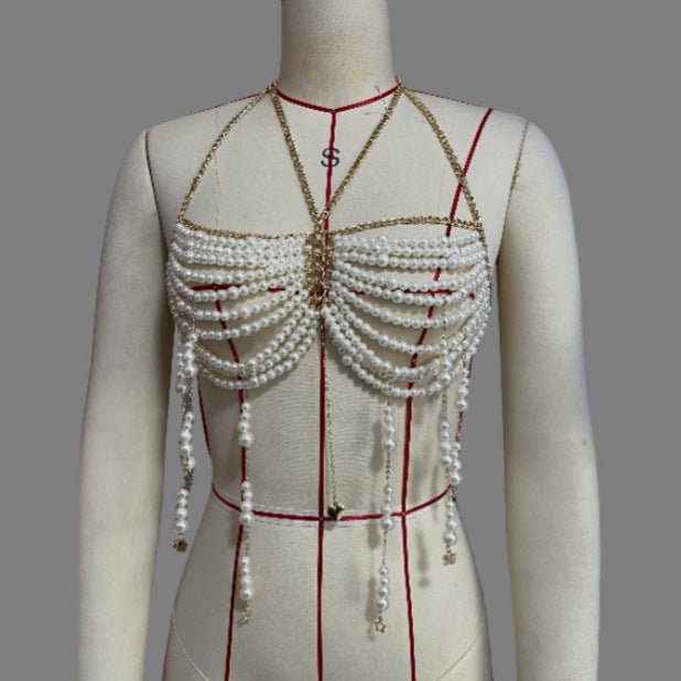 Stringed Pearls Chest Necklace Tassel Halterneck Vest Top Body Chains $39.00 Dana Fashion Color: White Size: Free Size Women's Accessories Product information: Type: pearl beads chest necklace top vest Color: White Style: Women's Material: Alloy Size: fre