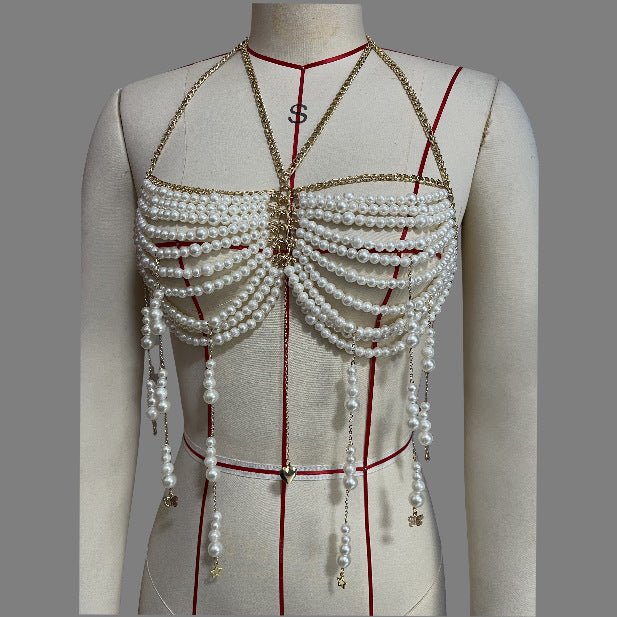 Stringed Pearls Chest Necklace Tassel Halterneck Vest Top Body Chains $39.00 Dana Fashion Color: White Size: Free Size Women's Accessories Product information: Type: pearl beads chest necklace top vest Color: White Style: Women's Material: Alloy Size: fre