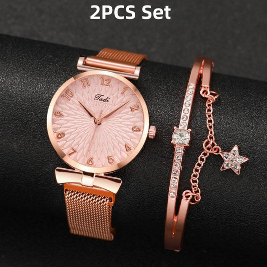 Suit Women's Quartz Watch With Bracelet $15.00 Dana Fashion Color: Rose Pink Gold Bracelet Women's Accessories Product information: Color: Rose pink gold bracelet Thickness: 8mm Dial diameter: 26mm Crown type: Spiral crown Mirror material: mineral reinfor