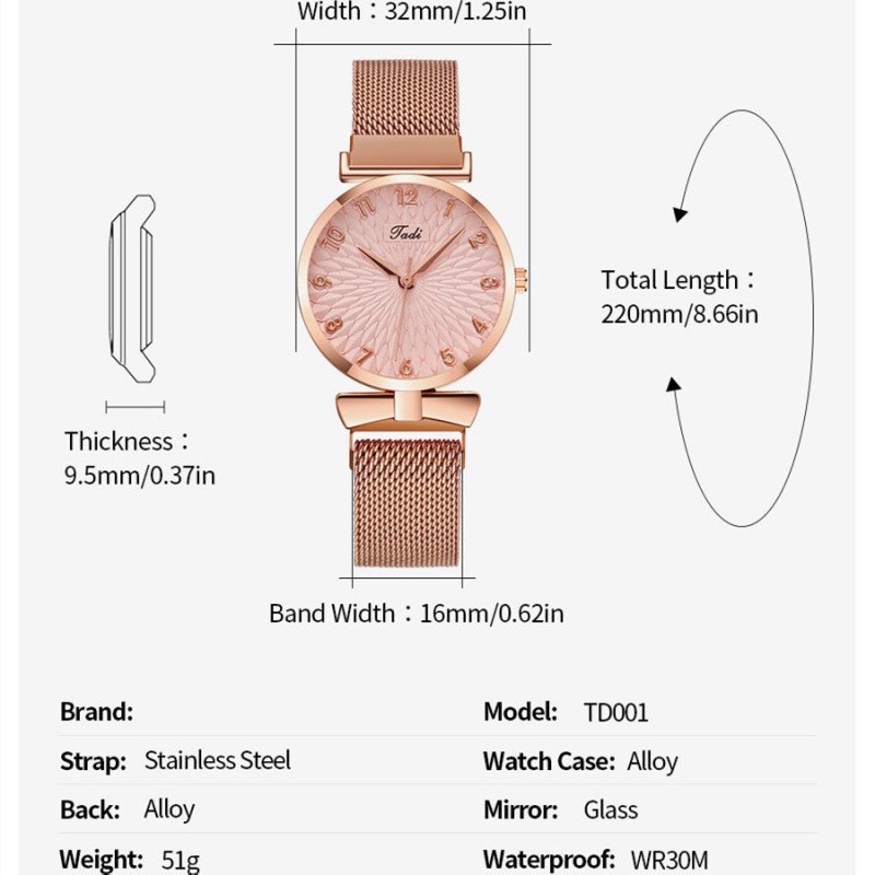 Suit Women's Quartz Watch With Bracelet $15.00 Dana Fashion Color: Rose Pink Gold Bracelet Women's Accessories Product information: Color: Rose pink gold bracelet Thickness: 8mm Dial diameter: 26mm Crown type: Spiral crown Mirror material: mineral reinfor