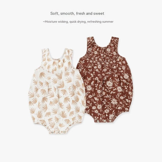 Summer Baby Rompers Cotton Breathable One-piece Nordic Style Floral Sleeveless Romper $24.50 Dana Fashion Color: Beige Leaves Suit Height: 66cm Baby Clothing Product information: Color: beige leaves, khaki flowers, dark red flowers Suitable height: 66cm,7