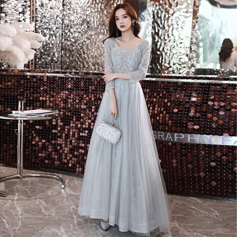 Summer Banquet Temperament Elegant Evening Dress $89.00 Dana Fashion Color: Silver Gray Size: L Women's clothing Product information: Color: Bean pink, silver gray Sleeve type: Princess sleeves Waist type: high waist Size: XS,S,M,L,XL,XXL,XXXL, customized