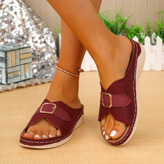 Summer Buckle Wedges Sandals Peep-toe Platform Slippers Women's Thick-soled Beach Shoes $55.00 Dana Fashion Color: Beige Size: 36 Women's shoes Product information: Lining material: PU Toe bracket shape: Fish Mouth Color: Black, Milky White, khaki, wine r