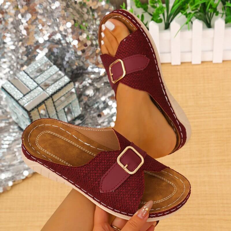 Summer Buckle Wedges Sandals Peep-toe Platform Slippers Women's Thick-soled Beach Shoes $55.00 Dana Fashion Color: Wine Red Size: 36 Women's shoes Product information: Lining material: PU Toe bracket shape: Fish Mouth Color: Black, Milky White, khaki, win