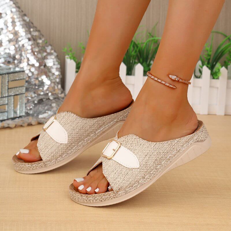 Summer Buckle Wedges Sandals Peep-toe Platform Slippers Women's Thick-soled Beach Shoes $55.00 Dana Fashion Color: Beige Size: 36 Women's shoes Product information: Lining material: PU Toe bracket shape: Fish Mouth Color: Black, Milky White, khaki, wine r