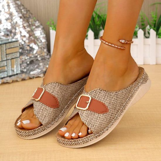 Summer Buckle Wedges Sandals Peep-toe Platform Slippers Women's Thick-soled Beach Shoes $55.00 Dana Fashion Color: Beige Size: 36 Women's shoes Product information: Lining material: PU Toe bracket shape: Fish Mouth Color: Black, Milky White, khaki, wine r