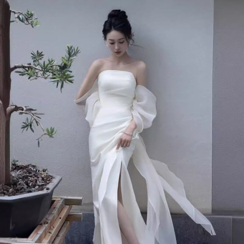 Summer Engagement Party Tube Top Simple $109.00 Dana Fashion Color: White Zipper Size: L Women's clothing Product information: Color: white (zipper), wine red (zipper) Sleeve type: sleeveless Waist type: high waist Size: XS,S,M,L,XL,XXL,XXXL Skirt length: