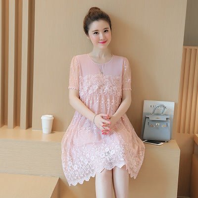 Summer new maternity dress Korean shirt lace crochet flower maternity dress long pregnant women dress $27.34 Dana Fashion Color: Pink Size: L Baby & Mother sleeve length: short sleeve shirt length: Medium Size shoulder bust sleeve length length M 36 94 22