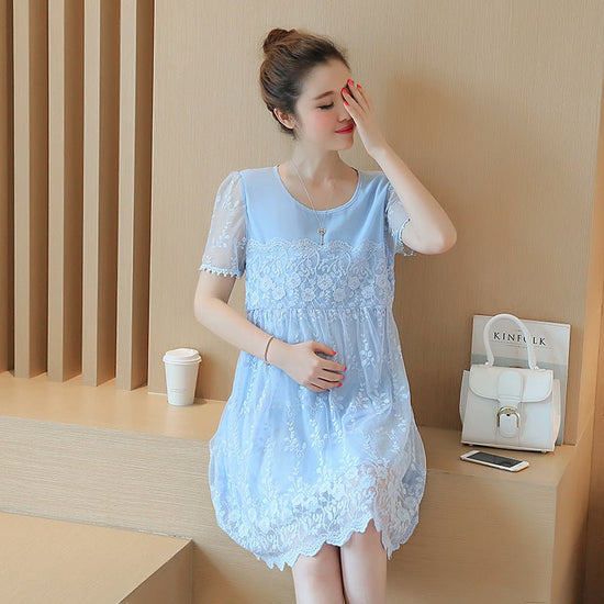 Summer new maternity dress Korean shirt lace crochet flower maternity dress long pregnant women dress $27.34 Dana Fashion Color: Blue Size: L Baby & Mother sleeve length: short sleeve shirt length: Medium Size shoulder bust sleeve length length M 36 94 22