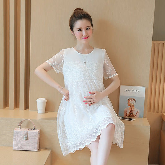 Summer new maternity dress Korean shirt lace crochet flower maternity dress long pregnant women dress $27.34 Dana Fashion Color: Blue Size: L Baby & Mother sleeve length: short sleeve shirt length: Medium Size shoulder bust sleeve length length M 36 94 22