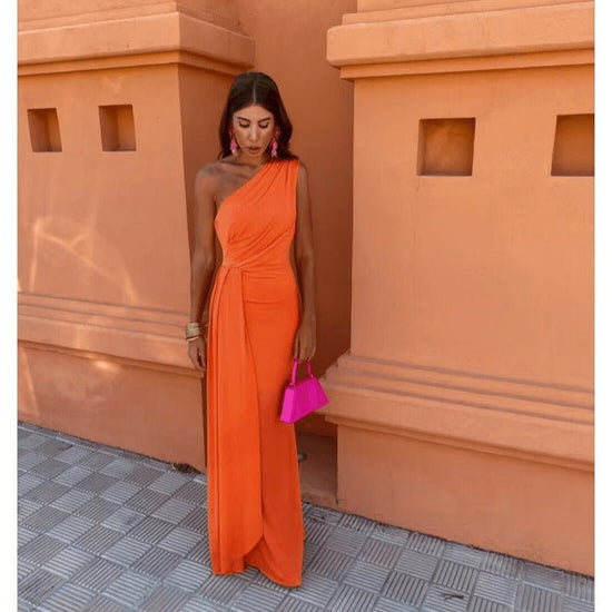 Summer New One-shoulder Knitted Dress $45.38 Dana Fashion Color: Orange Size: L Women's clothing Product information: Pattern: solid color Skirt-type: hip skirt Color: purple, orange Waist type: high waist Size: S,M,L Style type: temperament commute Combi