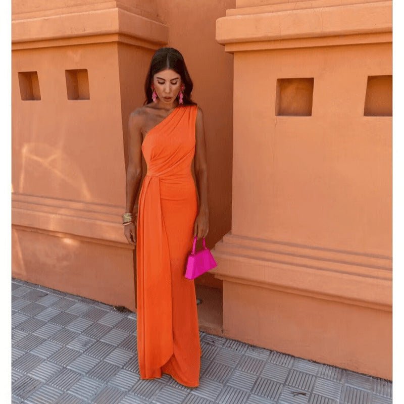 Summer New One-shoulder Knitted Dress $45.38 Dana Fashion Color: Orange Size: L Women's clothing Product information: Pattern: solid color Skirt-type: hip skirt Color: purple, orange Waist type: high waist Size: S,M,L Style type: temperament commute Combi