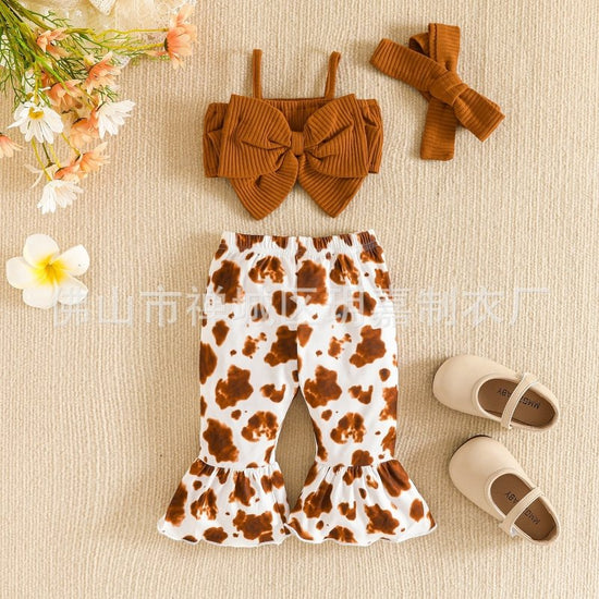 Summer New Sisters Outfit Bow Suspenders Short Top And Trousers Suit $19.65 Dana Fashion Color: Light Brown Suit Height: 100cm Baby Clothing Product information: Pattern: animal, solid color, flower Color: beige, light brown Suitable height: 80cm, 90cm, 1