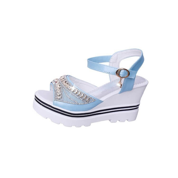 Summer New Solid Color Women's Sandals Wedge Rhinestone Waterproof $35.90 Dana Fashion Color: Blue Size: 35 Women's shoes Product information: Product Category: Casual Sandals Applicable age group: adult Upper material: artificial PU Style: leisure Toe sh