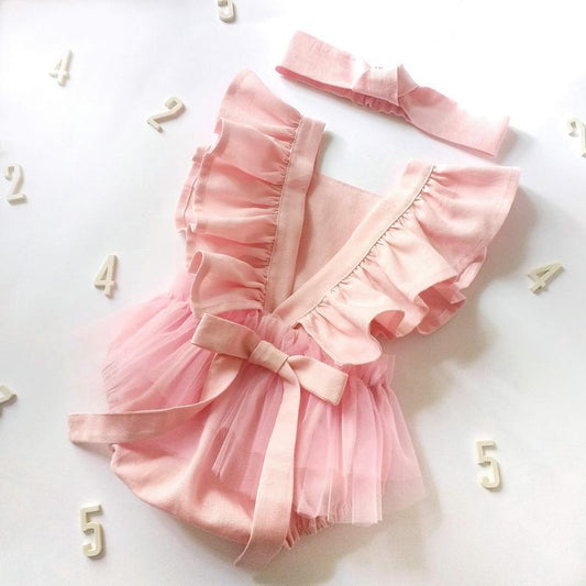 Summer Newborn Cotton And Linen Romper Pure Color Net Yarn Bow Baby Romper $25.36 Dana Fashion Color: Pink Size: 52CM Baby Clothing Product information: Sleeve: Sleeveless Whether hooded: not hooded Thickness: Thin section Main fabric composition: cotton