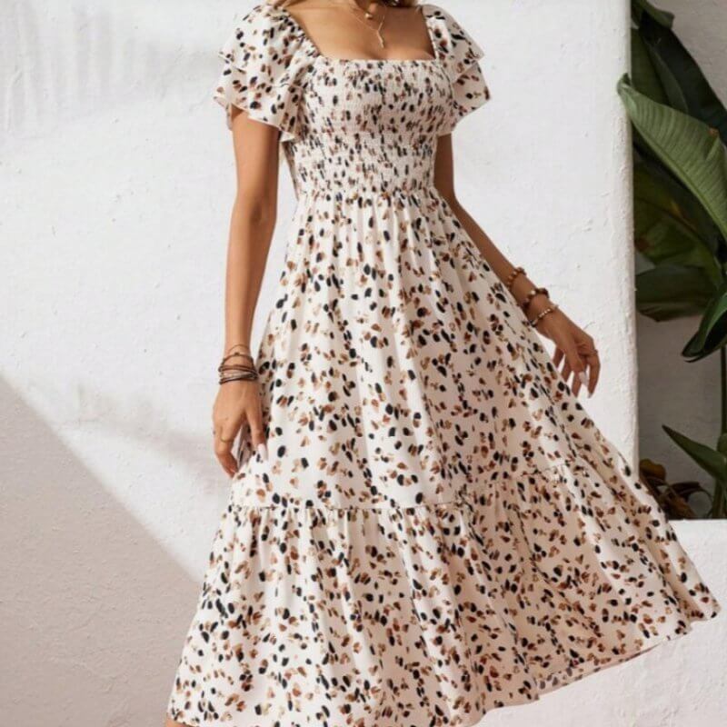 Summer Print Halter Ruffle Dress For Women $39.50 Dana Fashion Color: Apricot Size: 2XL Women's clothing Product information: Color: Apricot，Black Details: Ruffles Neckline: square collar Sleeve type: ruffled sleeve Style: Bohemian Waist line: High waist