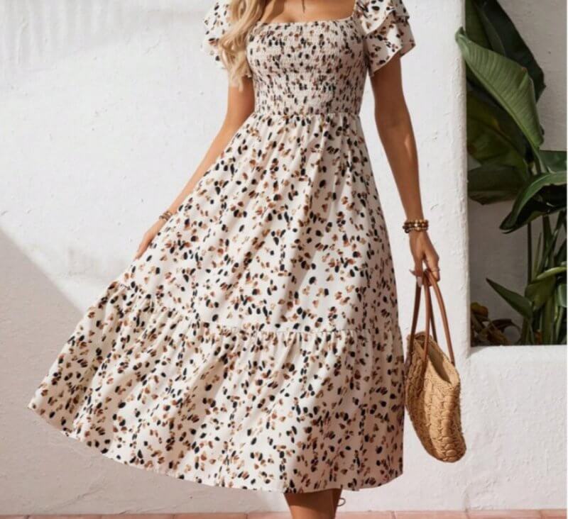 Summer Print Halter Ruffle Dress For Women $39.50 Dana Fashion Color: Apricot Size: 2XL Women's clothing Product information: Color: Apricot，Black Details: Ruffles Neckline: square collar Sleeve type: ruffled sleeve Style: Bohemian Waist line: High waist
