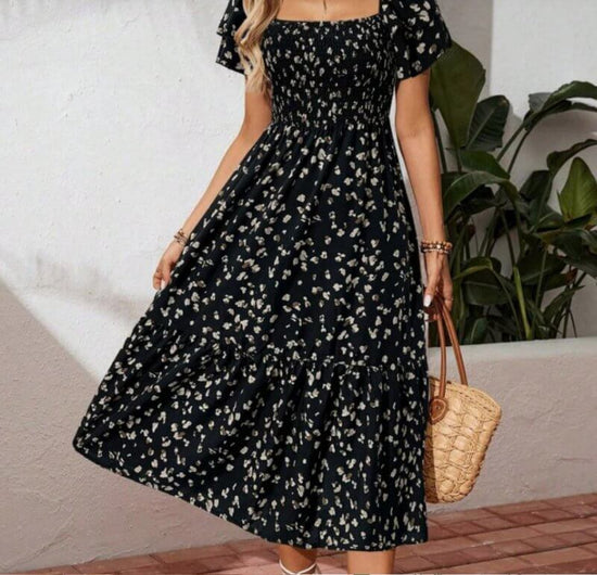 Summer Print Halter Ruffle Dress For Women $39.50 Dana Fashion Color: Black Size: 2XL Women's clothing Product information: Color: Apricot，Black Details: Ruffles Neckline: square collar Sleeve type: ruffled sleeve Style: Bohemian Waist line: High waist Bo
