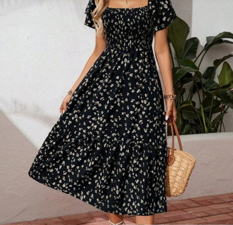 Summer Print Halter Ruffle Dress For Women $39.50 Dana Fashion Color: Black Size: 2XL Women's clothing Product information: Color: Apricot，Black Details: Ruffles Neckline: square collar Sleeve type: ruffled sleeve Style: Bohemian Waist line: High waist Bo