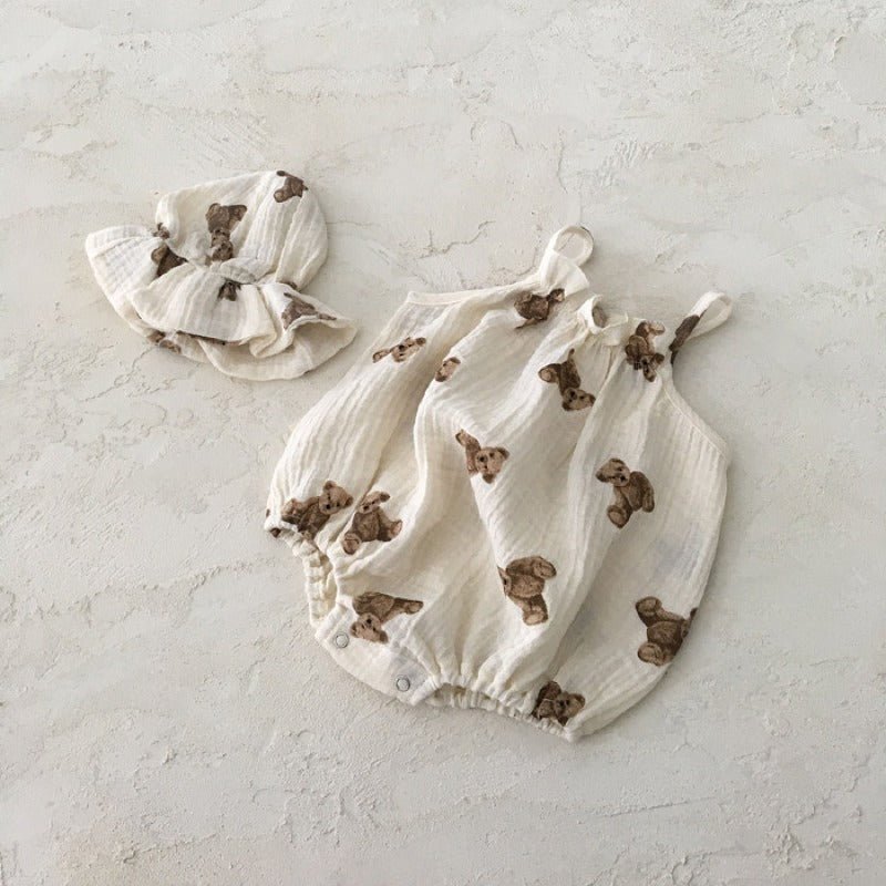 Summer Sling Jumpsuit For Boys And Girls $22.33 Dana Fashion style: Little bear hat one size Size: 66cm Baby Clothing Product information： Sleeve: Sleeveless Hooded or not: removable with cap Thickness: Thin section Main fabric composition: cotton Main fa