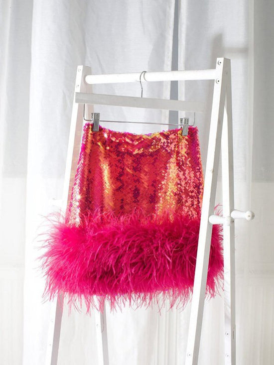 Summer Women's Fashion Sequin Feather Stitched Short Skirts $48.50 Dana Fashion Color: Rose Red Size: L Women's clothing Product information: Applicable age: 18-24 years old Pattern: Solid color Style: Street Waist shape: High waist Color category: Rose r