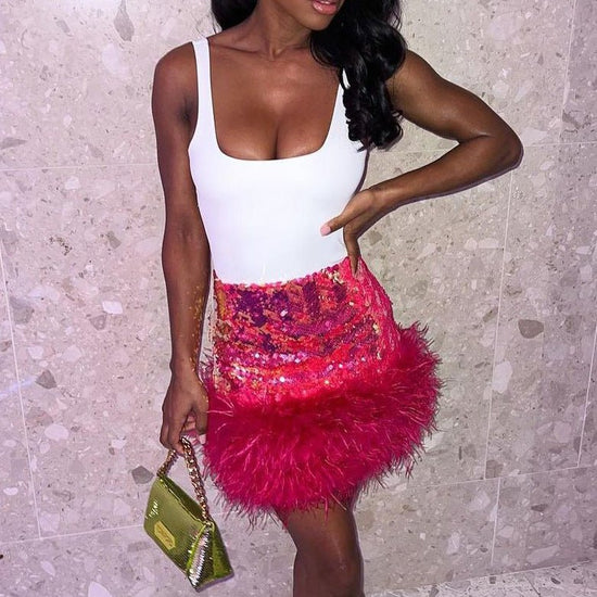 Summer Women's Fashion Sequin Feather Stitched Short Skirts $48.50 Dana Fashion Color: Black Size: L Women's clothing Product information: Applicable age: 18-24 years old Pattern: Solid color Style: Street Waist shape: High waist Color category: Rose red