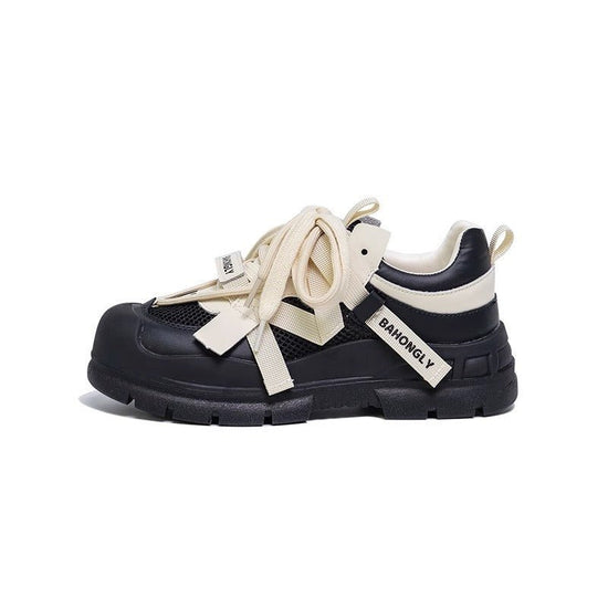 Super Hot Mech Style Authentic Leather Clunky Sneakers $63.87 Dana Fashion Color: Apricot Black Size: 35 Women's shoes Product information: Color: apricot Black, Black Upper height: low top Heel height: mid heel (3-5CM) Heel shape: flat heel Size: 35,36,3