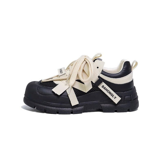 Super Hot Mech Style Authentic Leather Clunky Sneakers $63.87 Dana Fashion Color: Apricot Black Size: 35 Women's shoes Product information: Color: apricot Black, Black Upper height: low top Heel height: mid heel (3-5CM) Heel shape: flat heel Size: 35,36,3