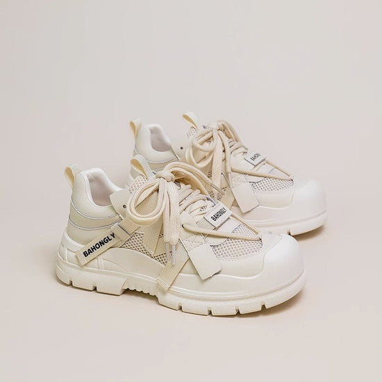 Super Hot Mech Style Authentic Leather Clunky Sneakers $63.87 Dana Fashion Color: Apricot Black Size: 35 Women's shoes Product information: Color: apricot Black, Black Upper height: low top Heel height: mid heel (3-5CM) Heel shape: flat heel Size: 35,36,3