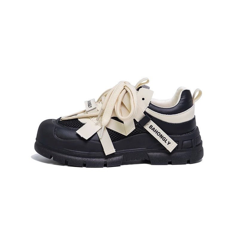 Super Hot Mech Style Authentic Leather Clunky Sneakers $63.87 Dana Fashion Color: Apricot Black Size: 35 Women's shoes Product information: Color: apricot Black, Black Upper height: low top Heel height: mid heel (3-5CM) Heel shape: flat heel Size: 35,36,3