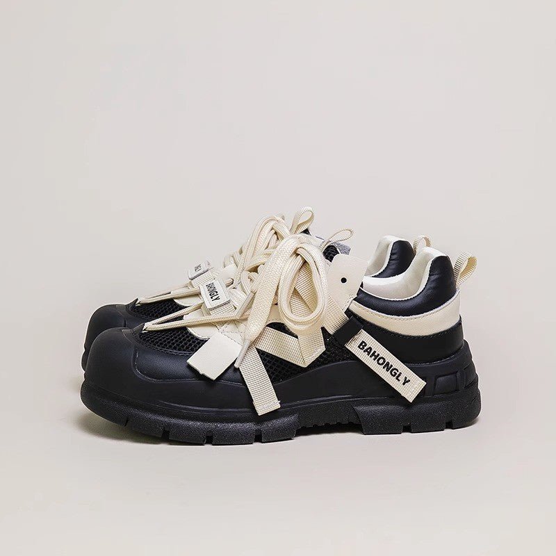 Super Hot Mech Style Authentic Leather Clunky Sneakers $63.87 Dana Fashion Color: Apricot Black Size: 35 Women's shoes Product information: Color: apricot Black, Black Upper height: low top Heel height: mid heel (3-5CM) Heel shape: flat heel Size: 35,36,3