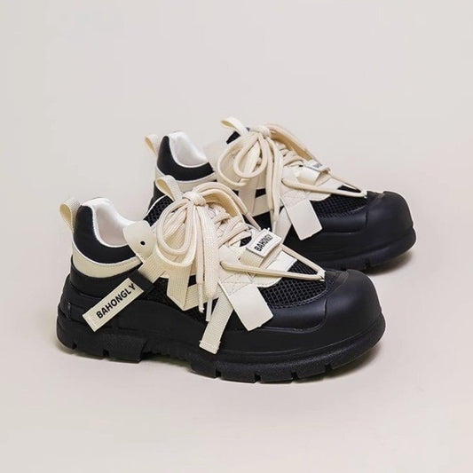 Super Hot Mech Style Authentic Leather Clunky Sneakers $63.87 Dana Fashion Color: Apricot Black Size: 35 Women's shoes Product information: Color: apricot Black, Black Upper height: low top Heel height: mid heel (3-5CM) Heel shape: flat heel Size: 35,36,3