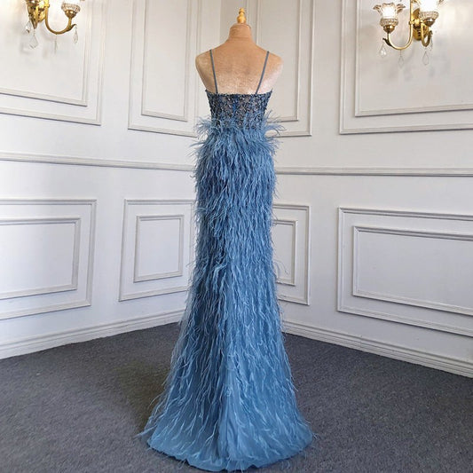 Suspender Feather Slim-fit Host Annual Party Banquet Engagement Dress $599.00 Dana Fashion Color: Blue Size: L Women's clothing Product information: Color: blue, pink, caramel Size: XS,S,M,L,XL,XXL, XXL,XXXXL Popular elements: Feather Fabric name: knitted