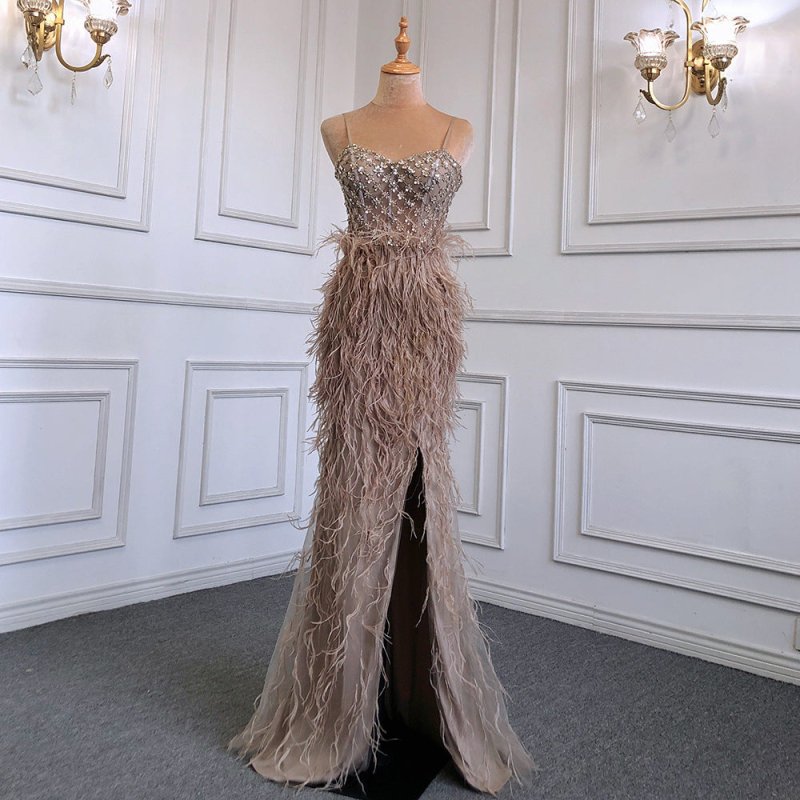 Suspender Feather Slim-fit Host Annual Party Banquet Engagement Dress $599.00 Dana Fashion Color: Caramel Color Size: L Women's clothing Product information: Color: blue, pink, caramel Size: XS,S,M,L,XL,XXL, XXL,XXXXL Popular elements: Feather Fabric name