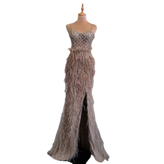 Suspender Feather Slim-fit Host Annual Party Banquet Engagement Dress $599.00 Dana Fashion Color: Blue Size: L Women's clothing Product information: Color: blue, pink, caramel Size: XS,S,M,L,XL,XXL, XXL,XXXXL Popular elements: Feather Fabric name: knitted