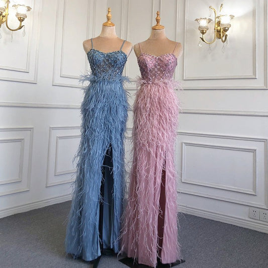 Suspender Feather Slim-fit Host Annual Party Banquet Engagement Dress $599.00 Dana Fashion Color: Blue Size: L Women's clothing Product information: Color: blue, pink, caramel Size: XS,S,M,L,XL,XXL, XXL,XXXXL Popular elements: Feather Fabric name: knitted