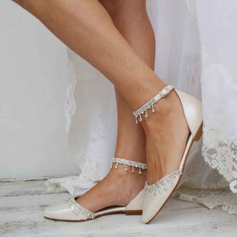 Tassel Rhinestone Decorative White Flat Shoes $79.75 Dana Fashion Color: Ivory White Size: 34 Women's shoes Product information: Lining material: Microfiber Color: Ivory White Upper height: low top Heel height: low heel (1-3CM) Heel shape: flat heel Size: