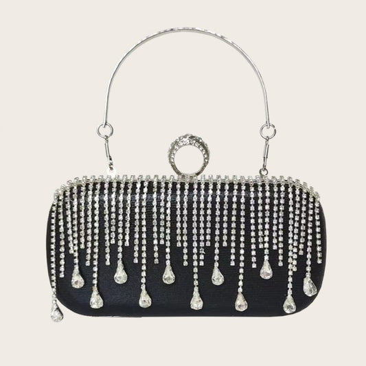Tassle Diamond Handbag Ladies Wedding Party Portable Chain $54.89 Dana Fashion Color: Black Size: 19x9.5x4CM Women's Bags Product information: Lined text: Polyester Applicable scenarios: Daily match Color: silver, black, gold Outer bag type: Three-dimensi
