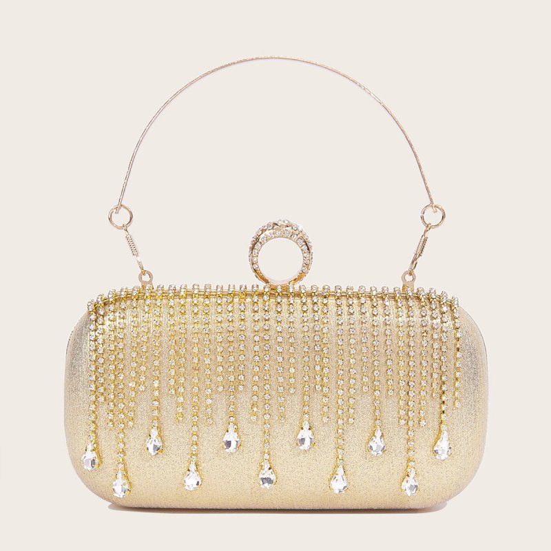 Tassle Diamond Handbag Ladies Wedding Party Portable Chain $54.89 Dana Fashion Color: Gold Size: 19x9.5x4CM Women's Bags Product information: Lined text: Polyester Applicable scenarios: Daily match Color: silver, black, gold Outer bag type: Three-dimensio