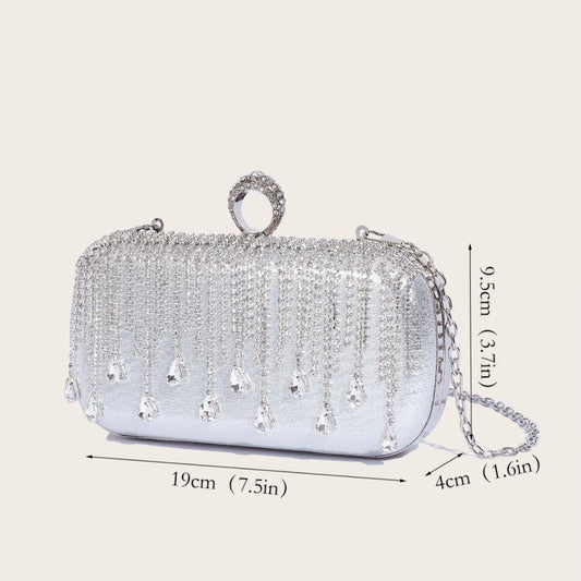 Tassle Diamond Handbag Ladies Wedding Party Portable Chain $54.89 Dana Fashion Color: Black Size: 19x9.5x4CM Women's Bags Product information: Lined text: Polyester Applicable scenarios: Daily match Color: silver, black, gold Outer bag type: Three-dimensi