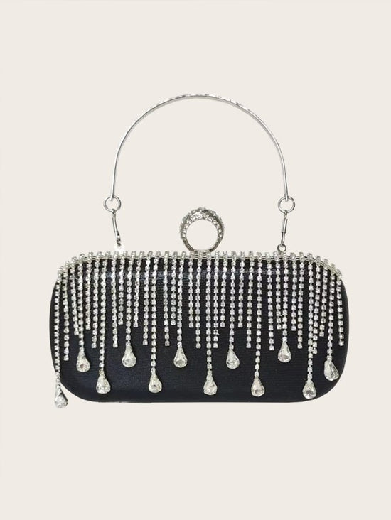 Tassle Diamond Handbag Ladies Wedding Party Portable Chain $54.89 Dana Fashion Color: Black Size: 19x9.5x4CM Women's Bags Product information: Lined text: Polyester Applicable scenarios: Daily match Color: silver, black, gold Outer bag type: Three-dimensi