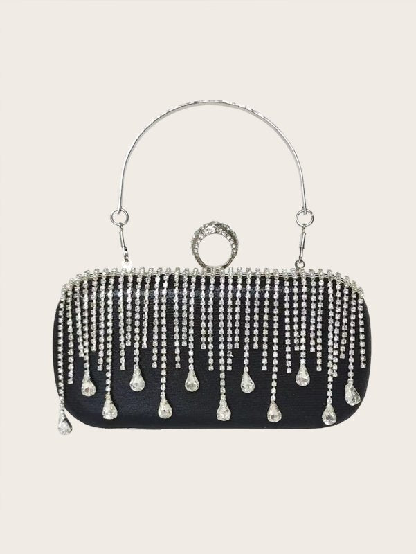 Tassle Diamond Handbag Ladies Wedding Party Portable Chain $54.89 Dana Fashion Color: Black Size: 19x9.5x4CM Women's Bags Product information: Lined text: Polyester Applicable scenarios: Daily match Color: silver, black, gold Outer bag type: Three-dimensi
