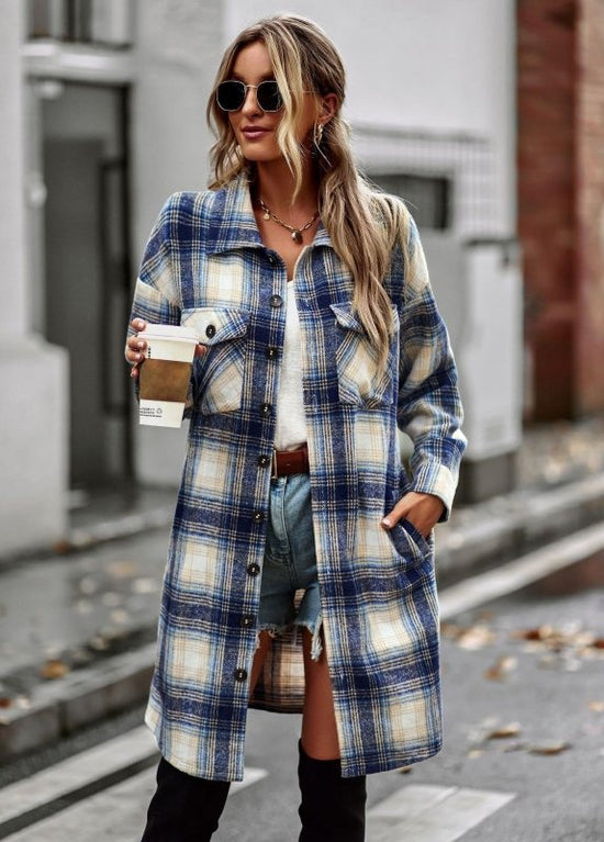 Temperament Leisure Long Plaid Tup Cardigan Coat $82.54 Dana Fashion Color: Blue Size: L Women's clothing معلومات المنتج: النمط: منقوش السُمك : رقيق اسم القماش: صوفي اللون: وردي، أزرق، أخضر، أسود نوع الأكمام: كم عادي المقاس: S، M، L، XL الإصدار: ملائم للش