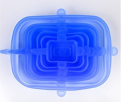 The 6-piece set of multi-functional silicone lid can be stretched to seal the fruit and vegetable lid $11.97 Dana Fashion Color: Blue rectangle style: 6pc Dana's Kitchen Color: transparent opp bag package, pink opp bag package, blue opp bag package, box p