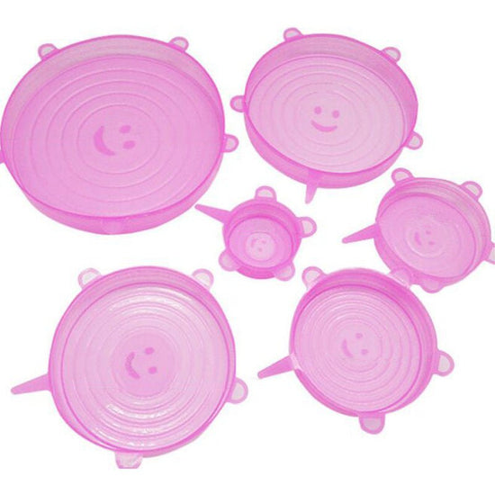 The 6-piece set of multi-functional silicone lid can be stretched to seal the fruit and vegetable lid $10.50 Dana Fashion Color: Pink style: 6pc Bundle Dana's Kitchen Color: transparent opp bag package, pink opp bag package, blue opp bag package, box pack