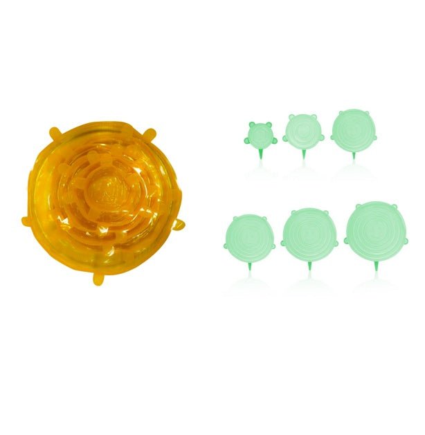 The 6-piece set of multi-functional silicone lid can be stretched to seal the fruit and vegetable lid $21.60 Dana Fashion Color: Gold1 and Green1 style: 6pc Bundle Dana's Kitchen Color: transparent opp bag package, pink opp bag package, blue opp bag packa