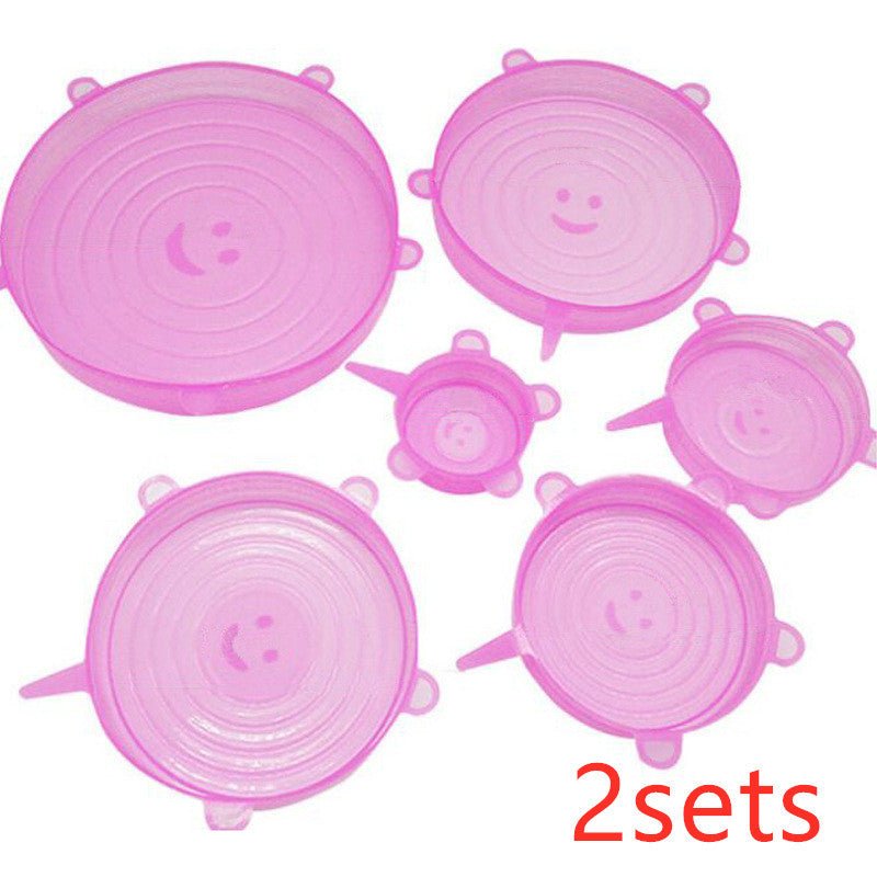 The 6-piece set of multi-functional silicone lid can be stretched to seal the fruit and vegetable lid $17.27 Dana Fashion Color: Pink style: 12pcs Dana's Kitchen Color: transparent opp bag package, pink opp bag package, blue opp bag package, box package (