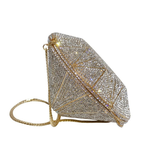 Three-dimensional diamond shape handbags $159.00 Dana Fashion Color: Gold Women's Bags Three dimensional diamond crystal Dinner Bag Gemstone cutting surface, geometric line is clear Each crystal diamond is inlaid by hand, which is fashionable and bright E